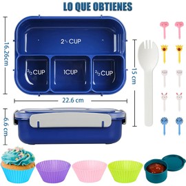 Bento Box, Fiambrera Lonchera para Adultos Niñas y Niño, Caja de Almuerzo de Estudiante, 1300 ml-4 Compartimentos, con Púas de Alimentos,Tazas para Tartas(Azul marino)