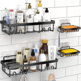 Timotech Set de 2 Estante Organizador de Baño y 2 Jaboneras, Repisa Autoadhesiva para Baño de Acero Inoxidable con 4 Ganchos, Decoración del hogar, Accesorios de baño (4 Piezas)