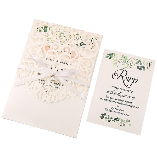 DreamBuilt 5X7.2 Inch 50PCS Blank Laser Cut White Wedding Invitations With Rsvp Cards And Envelopes And Ribbon Belly Band Pearl Embellishments Wedding Invitation Cards For Wedding Invite
