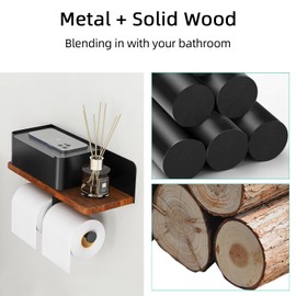 Toilet Paper Holder with Shelf Double Roll Toilet Tissue Holder with Wipes Dispenser for Bathroom, Metal and Solid Wood Tissue Paper Roll Wall Mount Storage Aromatherapy, Phone Shelf, Black