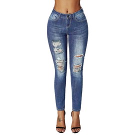 roswear Women's Ripped Mid Rise Destroyed Skinny Jeans Denim Large