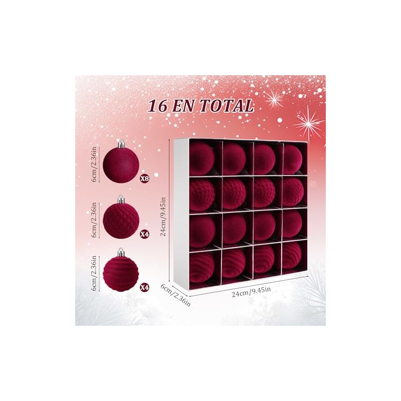 16 Piezas Esferas Navideñas de Terciopelo de 6 cm, Bolas de