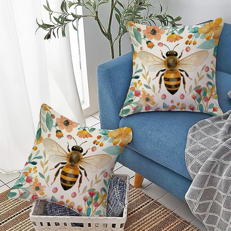 Bumble Bee Floral Decorative Throw Pillow Covers 18 x 18