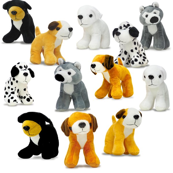 Plush Dogs Animals (12 Pack) Assorted Stuffed Puppies - 5 Inches, Small Plushed Animals, 6 Designs - For Birthday Party Favors Gifts for Kids By 4E's Novelty