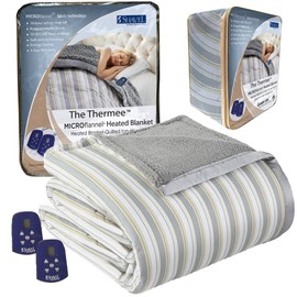 Thermee Micro Flannel Heated Blanket with Sherpa Back, 10-Setting Electric Blanket Queen Size, Programmable Heating Blanket, Ultra-Soft Heated Throw Blanket, Fast Heating Thermal Blanket-City Stripe
