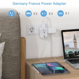 TESSAN Type E F Plug Adapter, Germany France Power Adapter with 3 USB Ports(1 USB C), 4 AC Outlets Travel Adaptor for US to Europe EU Spain Iceland Korea Greece Russia German French