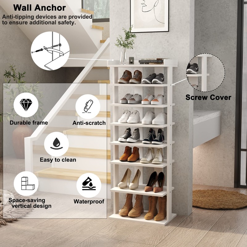 HOMEFORT 7-Tier Wood Shoe Rack, Double Rows 7-Tier Shoe Shelf,