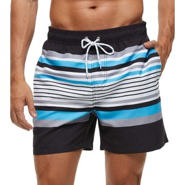 SILKWORLD - Bañador para hombre con bolsillos, Negro/Azul cielo/Blanco a rayas_s1, X-Small