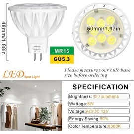 AIMEOKO AIMEOKO 6 Stck MR16 Leuchtmittel GU5.3 LED Glhbirne kaltweiss 5W (50W Halogen ?quivalent) 6000K kaltwei? 12V Strahler 38 Grad 450Lm fr Landschaft Vertiefung Spur Beleuchtung Decke Innen Au?en