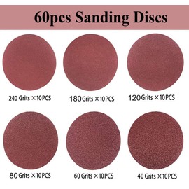 KAHEIGN 62Pcs 5" Sanding Discs Pad Kit, 60Pcs 40/60 /80/120 /180/240 Grits Hook and Loop Sandpaper with Sanding Pad and Shaft for Drill Grinder Rotary Tools (125mm)