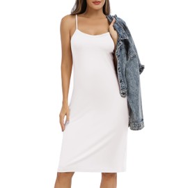 Vlazom Women's Full Slips, Soft Slinky Petticoat Ladies Long Nightdress Basic Underskirt for Women with Adjustable Straps White,S