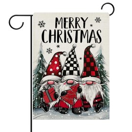 Dyrenson Merry Christmas Gnome Decorative Garden Flag, Xmas Pine Tree Snowflake Yard Outside Home Decoration, Winter Holiday Farmhouse Plaid Burlap Outdoor Small Decor Double Sided 12 x 18