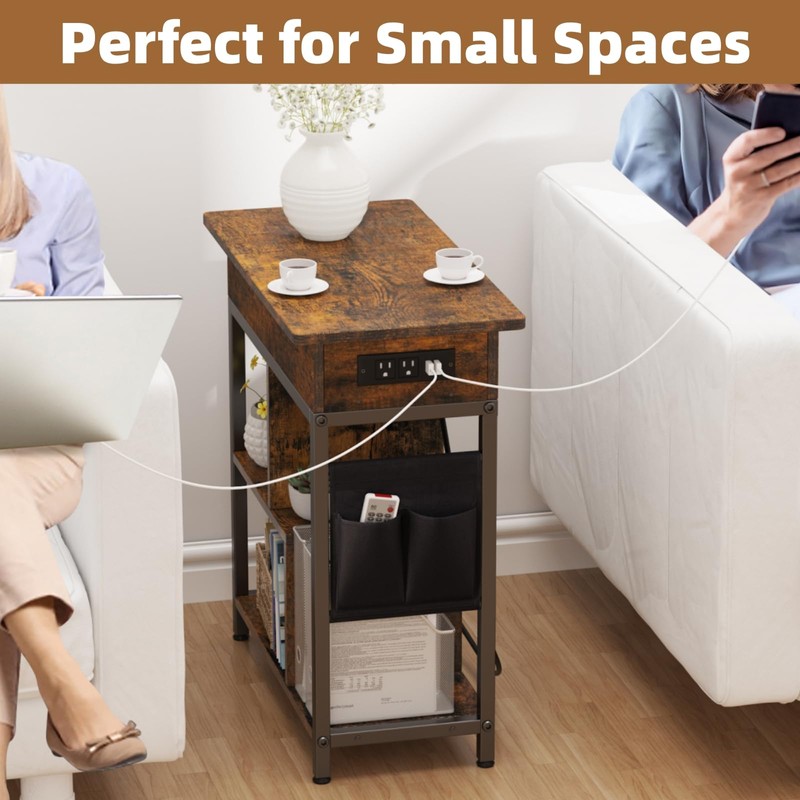 JoanKaren End Table with Charging Station, Flip Top Nightstand with