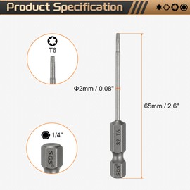 sourcing map 3pcs T6 Torx Head Screwdriver Bit 1/4" Hex Shank 2.6" (65mm) Long Magnetic No Hole Tip Tamper Proof 6 Point Star Screw Driver Drill Bits S2 Steel Industrial Power Screwdrivers