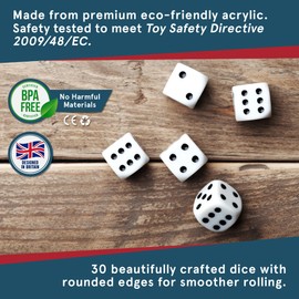 Smith’s® White Game Dice | 30 Pack | 16mm | 6-Sided Dice | Eco-Friendly | No Harmful Materials | Rounded Edges for Smoother Rolling