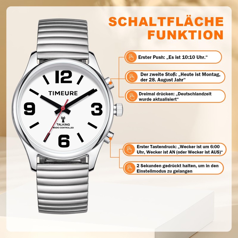 Talking Radio-Controlled Watch with Analogue Display, Date and Time Announcement,
