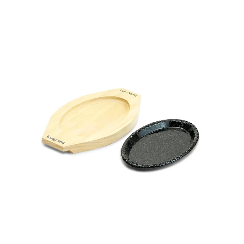 hwayoung Oval Iron Steak Plate Pan 9.25" with wood base
