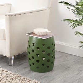 SAFAVIEH Home Collection Amaissa Moss Green Ceramic Decorative Garden Stool for Living Room, Bedroom, Garden, Side Table, Plant Stand (Fully Assembled)