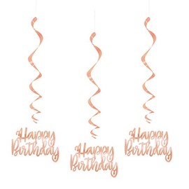 Unique 62943 Hanging Swirl Decoration-32 | Disposable | Happy Birthday | Rose Gold | 3 Pcs