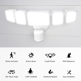 Onforu 120W 12000LM LED Security Lights Motion Sensor Outdoor, Dusk to Dawn Flood Lighting, 5 Heads 360° Wide Angle Illumination, 6500K IP65 Waterproof Hardwired Floodlight Motion Detection (White)