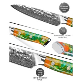 SANMUZUO Cuchillo Utilitario, Cuchillos Profesionales de Cocina 13cm, cuchillos de frutas y verduras, 67 capas de acero de Damasco forjado y mango de resina - Serie Yao