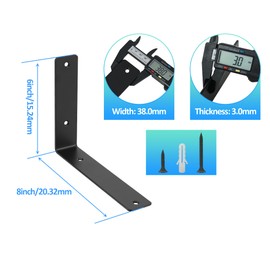 Redunest L Floating Shelf Brackets,4 Pack Heavy Duty L Brackets for Shelves, L 8" X H 6" Black Metal Countertop Support Brackets,Wall Mounting for Wood