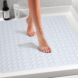 Naoloture Large White Square Shower Mat Non Slip 27 x 27 Inch, Soft Bath Mat Bathtub Mat for Inside Shower Floor, Bathroom Shower Stall Mats with Big Suction Cups Drain Holes, Easy Washable, BPA-Free