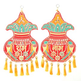 Set of 2 Shubh Labh Hanging Handmade Velvet Cloth Kalash Design Rajasthani Work for Home Latkan Jhumar Toran for Entrance Door Indian Traditional Festival Decoration(Size:-17"X9")(Multicolour)