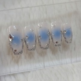 Blue Wedding Jungle Handmade Nail Tips Wedding Nails - Long Ballerina / 블루 웨딩 정글 수제네일팁 웨딩네일 - 롱발레리나