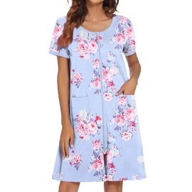 Ekouaer Women Zipper Front House Coat Short Sleeves Robe Zip Up Bathrobes Short Nightgown with Pockets S-3XL