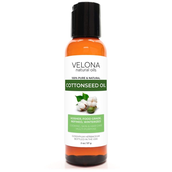 Cotton Seed Oil by Velona - 2 oz | 100% Pure and Natural Carrier Oil | Refined, Cold pressed | Cooking, Skin, Face, Body, Hair Care | Use Today - Enjoy Results