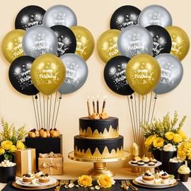 Happy Birthday Balloons for Men Boys, 18Pcs Black Gold Silver Happy Birthday Balloons Decorations for Boys Girls Men Women Birthday Party Supplies 12 Inches