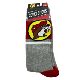 Buc-ee's Adult Unisex Crew Socks, Gray and Red, One Size Fits Most, Cotton Blend
