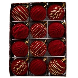 12 Pcs Velvet Christmas Balls 2.4 Inch Xmas Tree Topper Red Green Ornaments Flocked Plastic Shatterproof Bulbs Decorative Hanging Baubles Set Velvet for Outdoor Indoor Decorations (Red)
