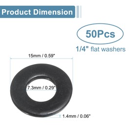 sourcing map 50 Pcs 1/4" Stainless Steel Flat Washers, 7.3mm ID x 15mm OD x 1.4mm Thick Black Zinc Plated Metal Washers for Screws and Bolts