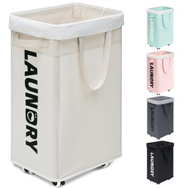 Goodpick Laundry Hamper with Wheels, 75L College Dorm Room Essentials, Clothes Hamper with Removable Wash Bag for Bedroom, Large Laundry Basket with Handle, White
