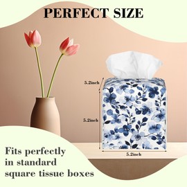 Watercolor Blue Flower Tissue Box Cover Square,Abstract Blooming Floral Leather Tissue Box Holder Decorative Facial Cube Paper Cover Case Organizer for Bathroom Night Stands Desk Home