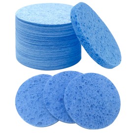 50-Count Large Compressed Facial Sponges for Estheticians,Daily Cleansing and Gentle Exfoliating- 100% Natural Cellulose Spa Sponge Perfect for Removing Dead Skin,Dirt and Makeup(Round 2.95",Blue)