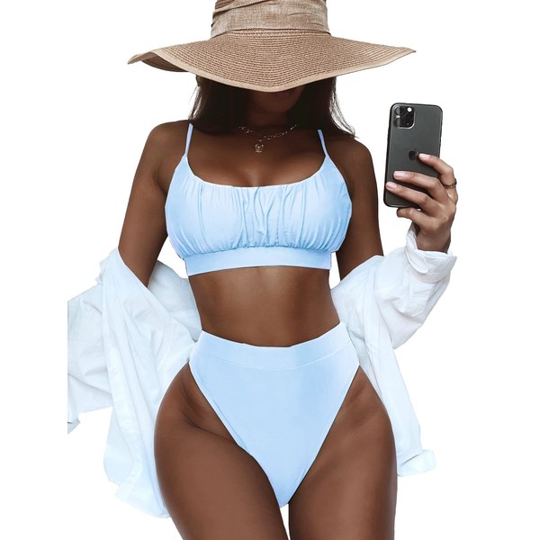 Lilosy Conjunto de traje de baño de bikini de cintura alta, con control de abdomen, 2, azul(ruched Blue), M