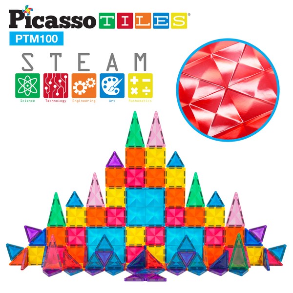 PicassoTiles 100 Pieces Magnetic Tiles Building Blocks Mini Size Diamond Series Magnet Toys Travel Size On-The-Go Construction Sensory Toys Gifts Educational Set STEM Learning Kit Playset PTM100