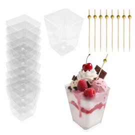 Motthjcw 50 Pcs 5 OZ Dessert Cups with 100 Sticks, Clear Square Charcuterie Small Plastic Cups, Catering Supplies for Party Desserts, Yogurt, Fruit, Pudding, Mousse (Clear)