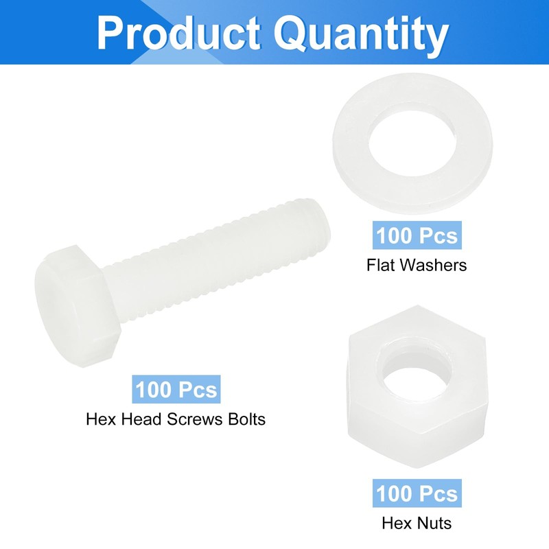 sourcing map 300 Pcs/100 Sets Nylon Hex Bolts, M6 x