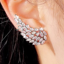 Rhinestone Feather Cluster Ear Cuff Studs Earrings for Women Girls Crystal Angel Wings Statement Piercing Cartilage Stud Dainty Elegant Feather Crawler Climber Earrings Shiny Birthday Wedding Jewelry