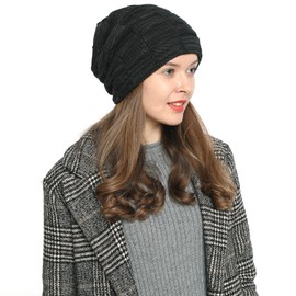 DonDon Women's Winter Slouch Beanie Knitted Hat with Warm Fleece Lining, black - grey