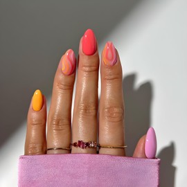 Colorful Press on Nails Short Fake Nails Red Pink Yellow Glue on Nail Almond False Nails Glossy Full Cover Nails Press Ons for Women DIY Stick on Nail Decoration Set 24Pcs