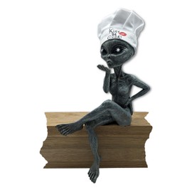 Alien Invasion “Kiss The Cook” Female Alien Statue with Chef’s Hat 10 “ H Alien Figurine Shelf Sitter Funny Kitchen or Home Decoration (Gray)