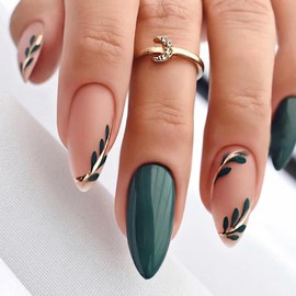 ANDGING Press on Nails Almond Short Medium Green Fake Nails with Gold Leaf Design Glue on Nails for Women Acrylic Gel Stick on Nails with Glue Full Cover False Nails for Wedding Birthday 24Pcs LLK655