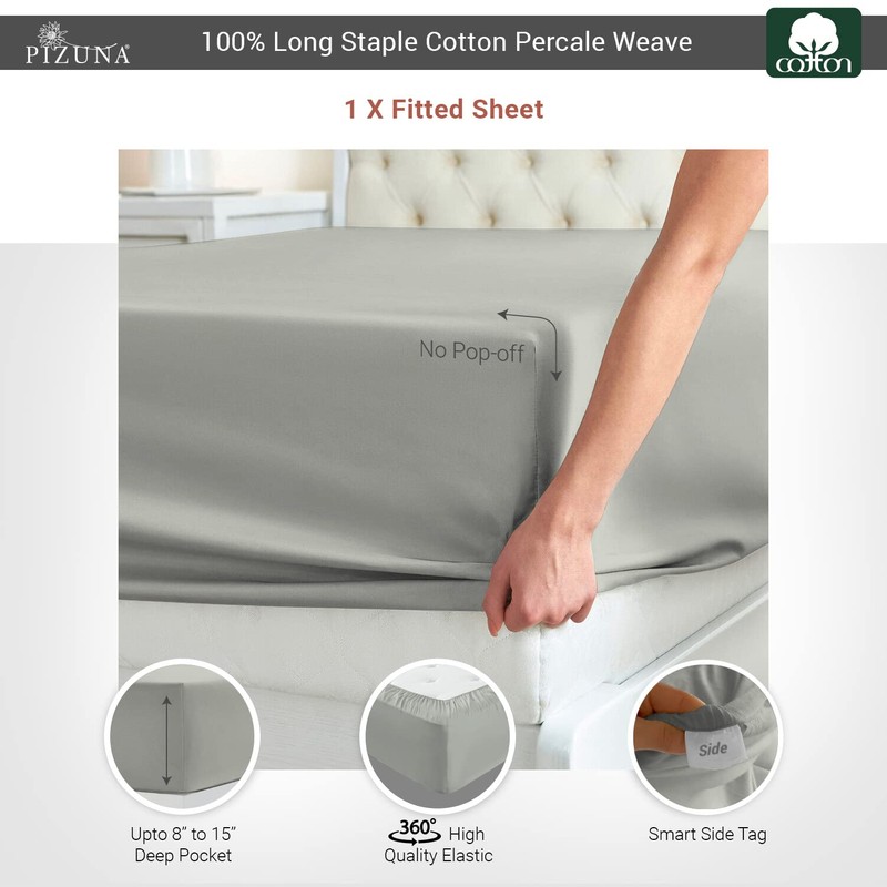 Pizuna Cotton Percale Super King Fitted Sheet Silver,100% Long Staple