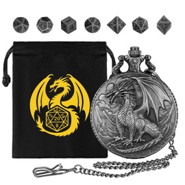 Mini DND Dice Set with Steampunk Dragon Pocket Watch Shell Case, 7pcs Polyhedral Metal DND Dice Set, DND Starter Set, D&D Gifts with Dragon logo Gift Bag, Role Playing Board Games Accessories, Silver