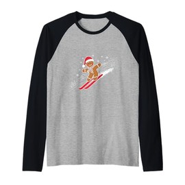 Gingerbread Man Christmas Skiing Down Gifts Winter Xmas Kid Raglan Baseball Tee